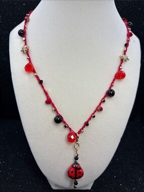 Ladybug Crochet Necklace Whimsical Garden Jewelry Handmade Beaded Fiber Necklace